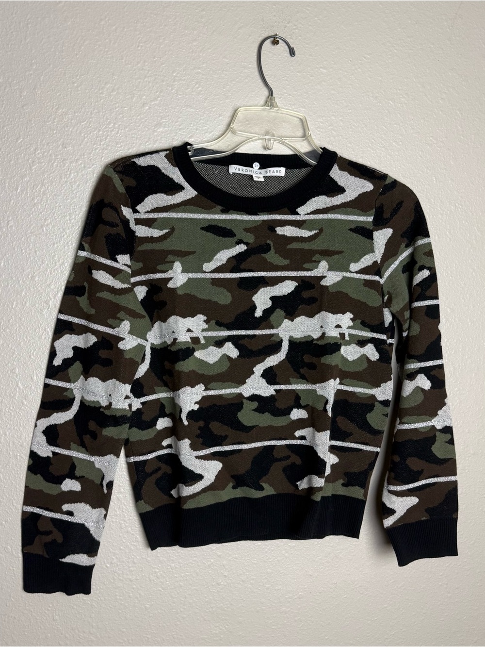 Veronica Beard Olive Black White Camouflage Crewneck Sweater